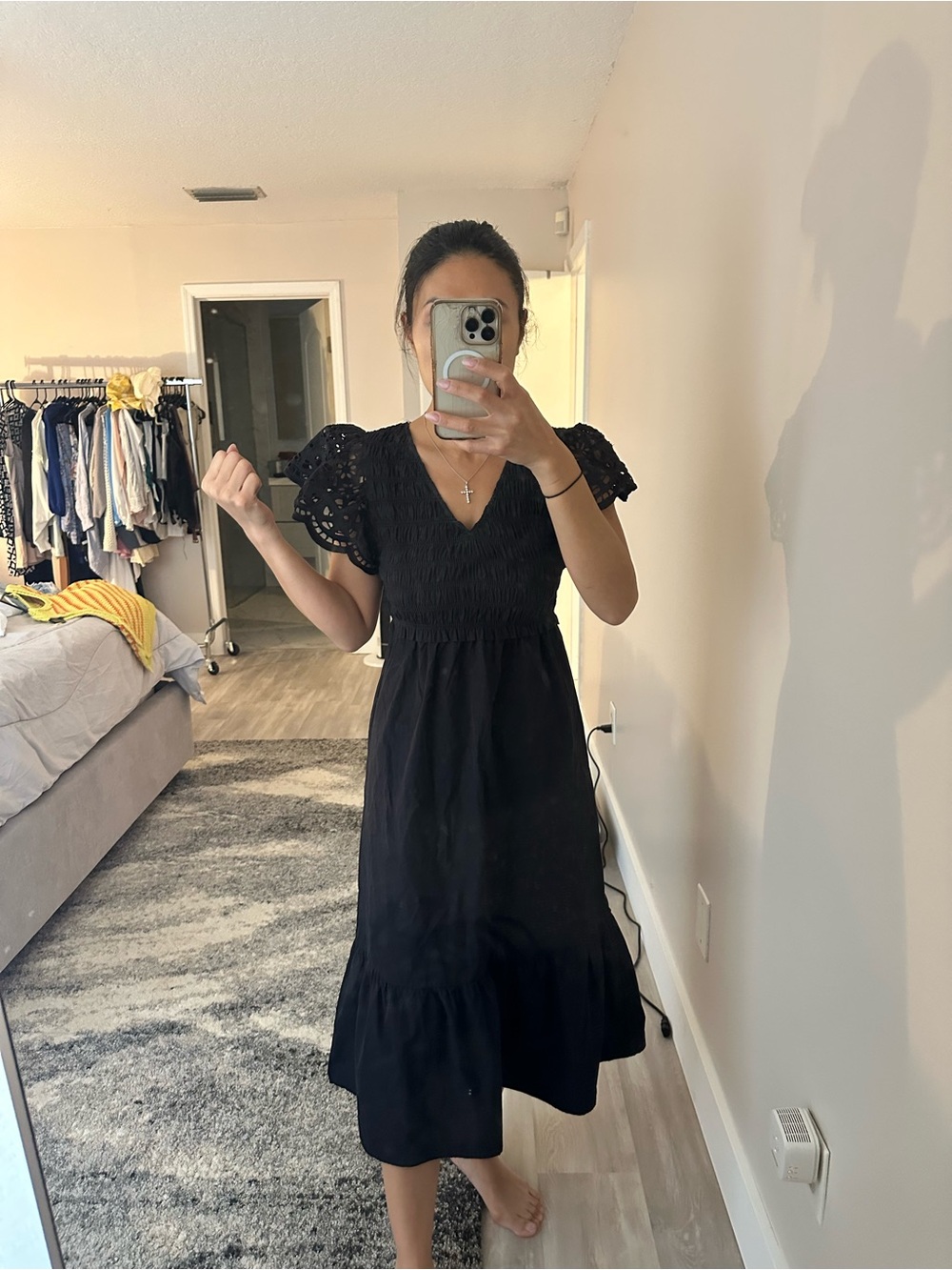 Universal Thread Black Midi Dress with Eyelet Puff Sleeves